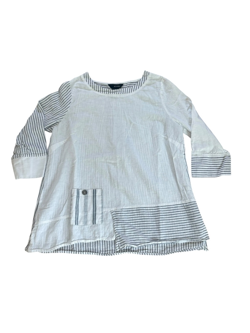 Ali Miles Mixed Print Blouse Top Asymmetrical Hem White Linen Cotton Women Small - Picture 1 of 7